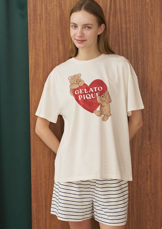 [預購] 折扣 gelato pique 接觸冷感 BEAR HEART愛心熊印花T恤