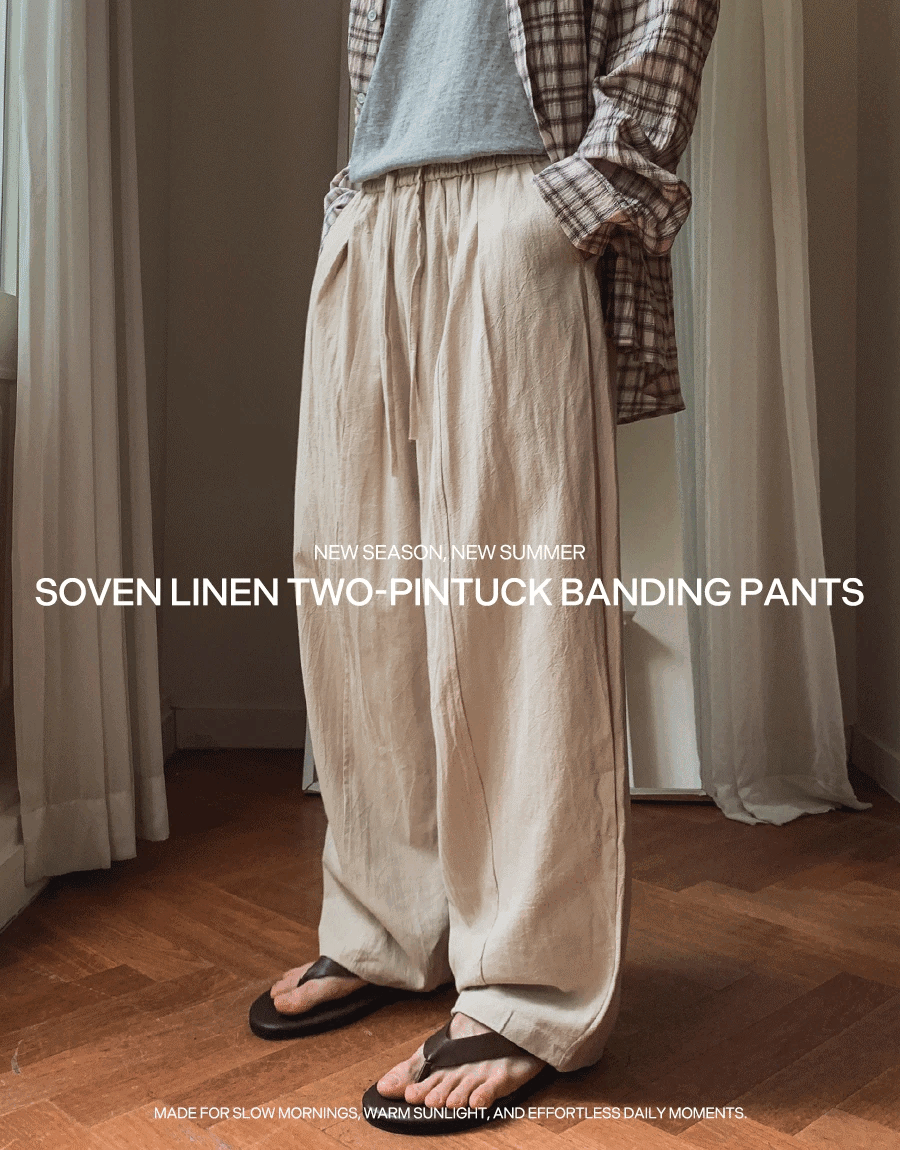 Linen double-pleated elastic waist pants