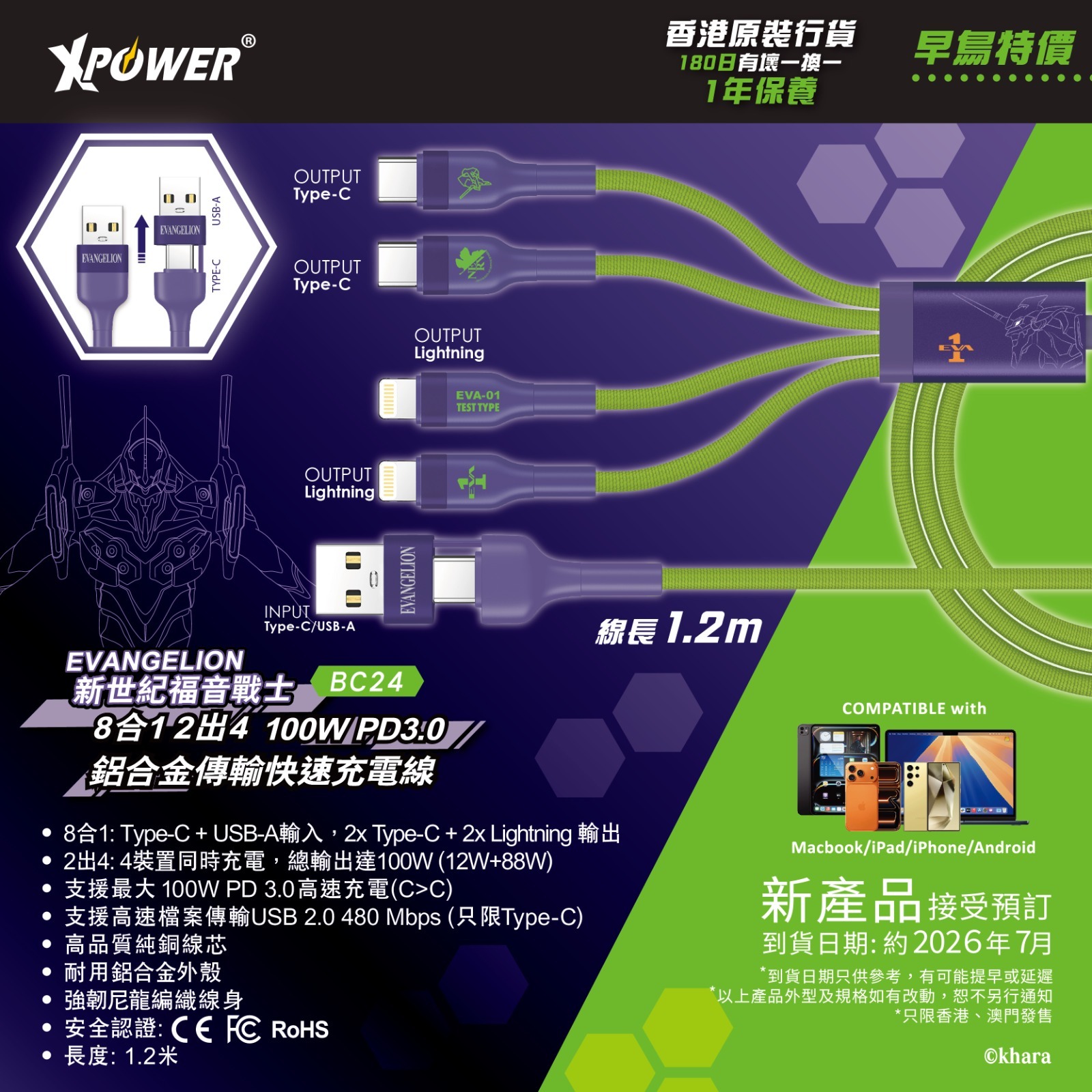 (預售產品)XPower x EVA BC24 8合1 2出4 100W PD3.0鋁合金傳輸高速充電線 (初號機)