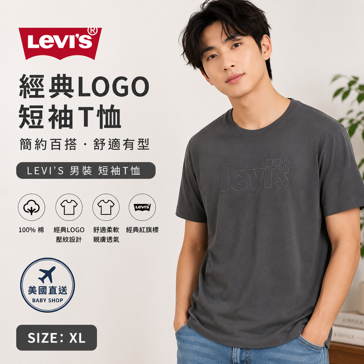 【預購】H061244 LEVI'S  男裝寬鬆短袖上衣 (炭灰色)