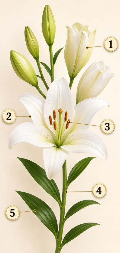 專業花藝師頂級百合花特徵解構圖：展現未開杯狀青綠花苞、飽滿肉質花瓣、剛成熟之中央雄蕊、挺拔粗壯硬莖與翠綠反光葉片
