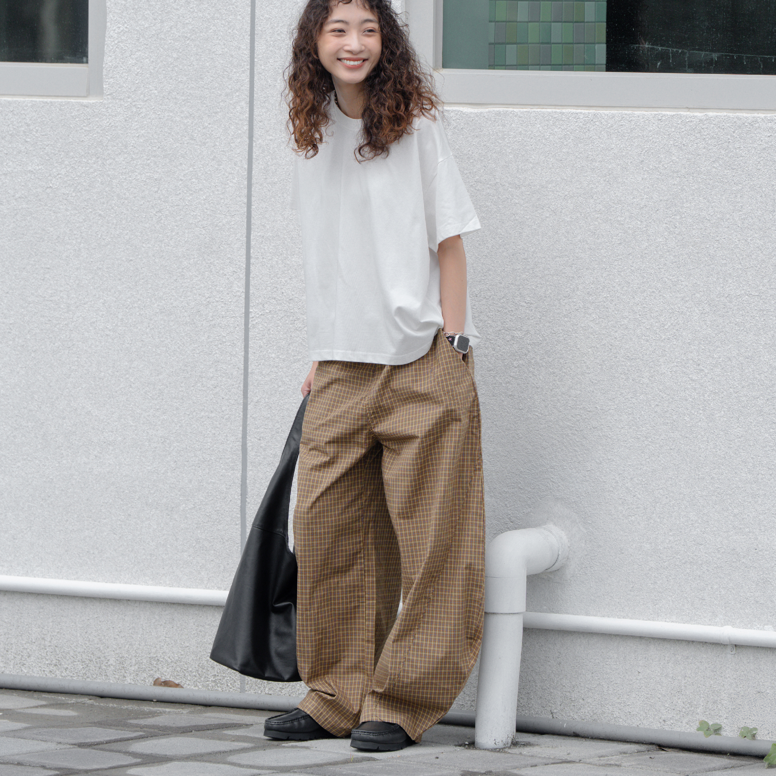ORDINARY Curved Knife Plaid Pants 鬆緊彎刀格紋長褲