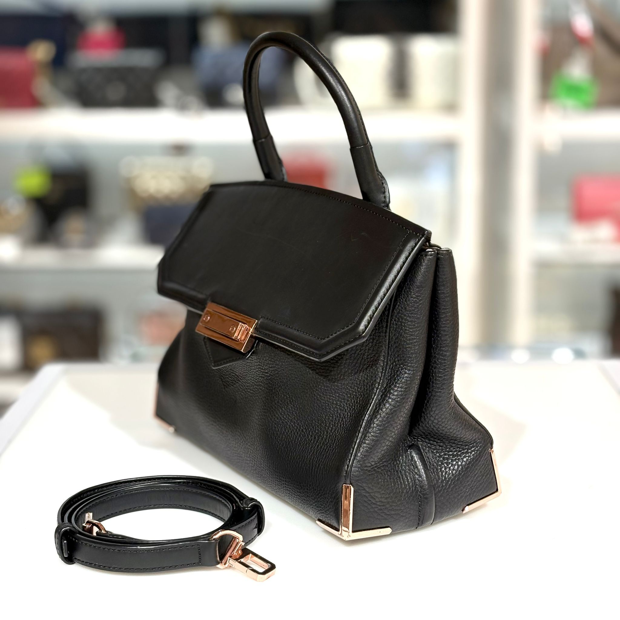 80%NEW二手ALEXANDER WANG HAND BAG 大號 Prisma Marion ,黑色牛皮玫瑰金扣, 亞曆山大王手提/斜揹包 #香榭站正品