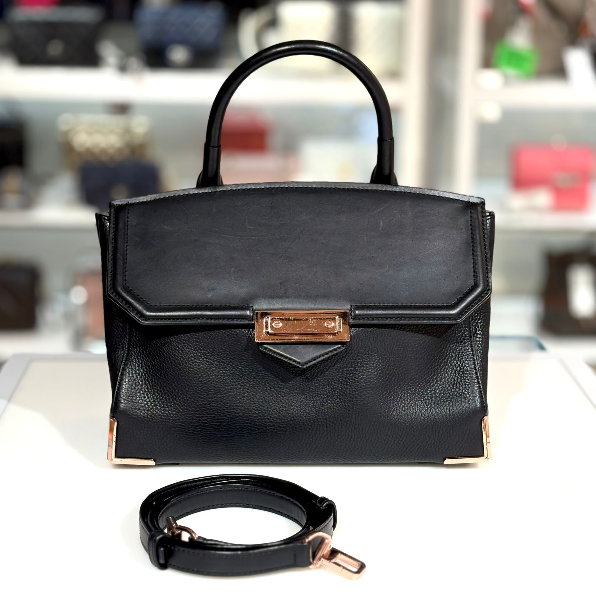 80%NEW二手ALEXANDER WANG HAND BAG 大號 Prisma Marion ,黑色牛皮玫瑰金扣, 亞曆山大王手提/斜揹包 #香榭站正品