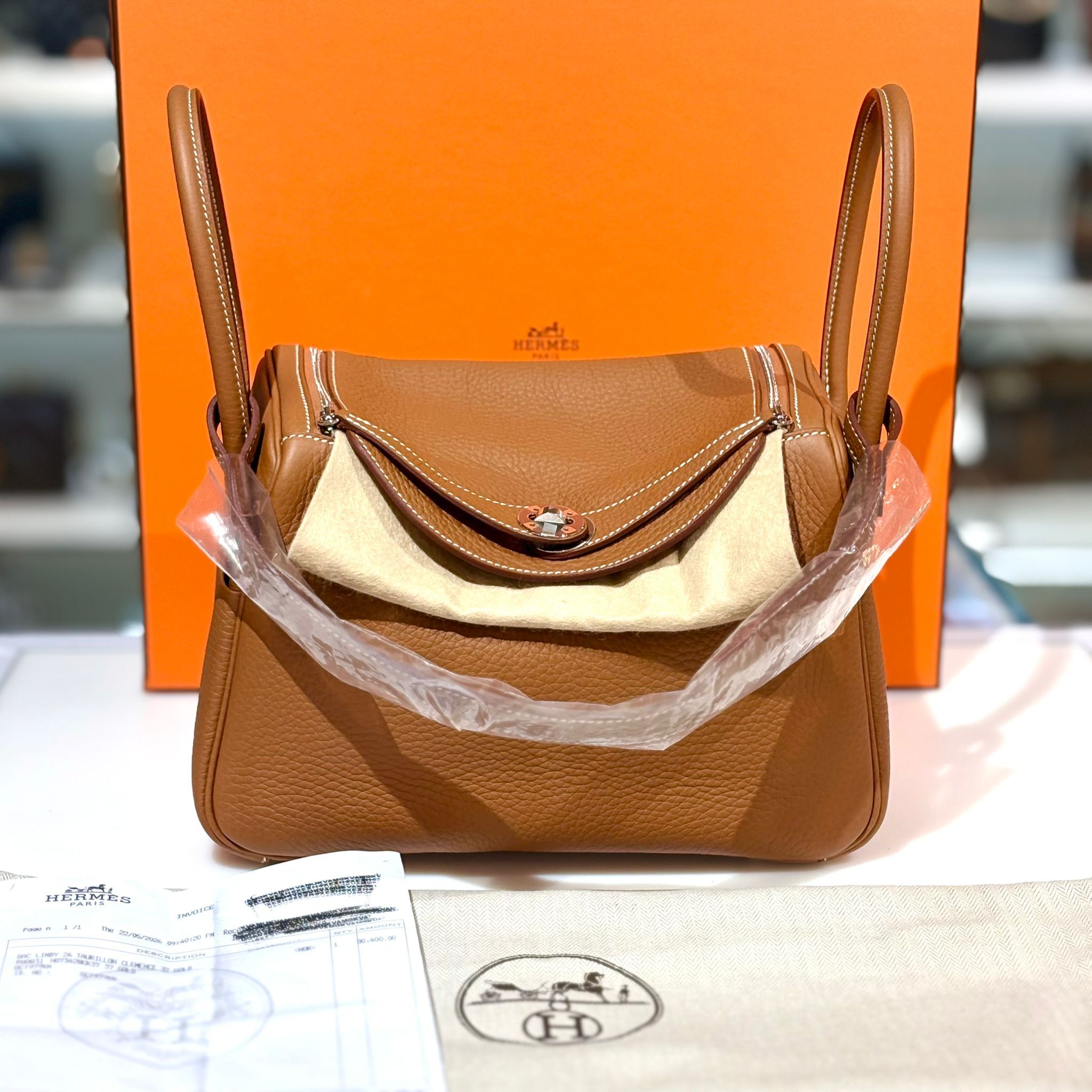 全新HERMES LINDY 26 G 金棕色TC皮/銀扣 H073418CK37 #BRAND NEW #香榭站正品