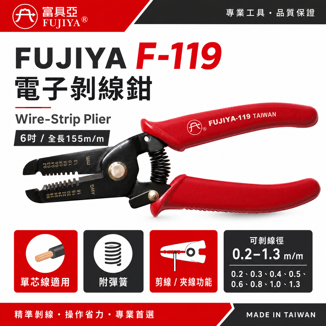 FUJIYA 富具亞｜0.2-1.3mm 電子剝線鉗 6'' 線徑對孔徑-手動剝線鉗 剪線夾線鉗｜F-119