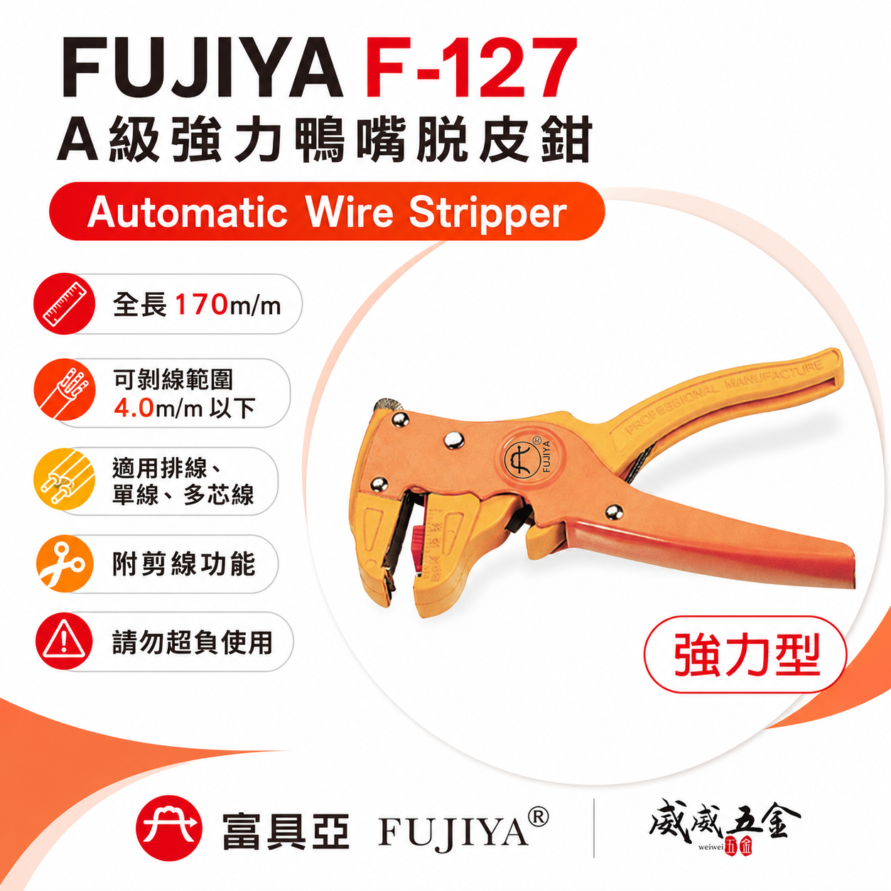 FUJIYA 富具亞 台灣製｜A級強力鴨嘴脫皮鉗 6-1/2'' 排線 單線 多芯線 剝 剪線鉗｜F-127