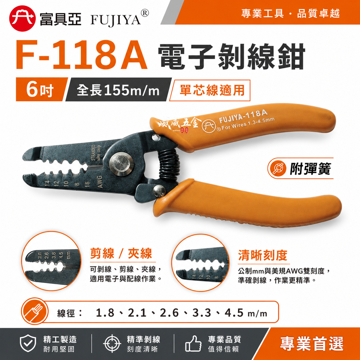 FUJIYA 富具亞｜1.8-4.5mm 電子剝線鉗 6'' 線徑對孔徑手動剝線鉗 剪線夾線鉗｜F-118A