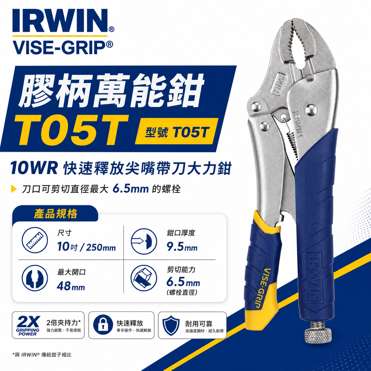 美國 IRWIN 握手牌｜10WR｜人體工學握柄膠柄萬能鉗 10" 快速釋放柄固定鉗 強力萬能鉗｜T05T