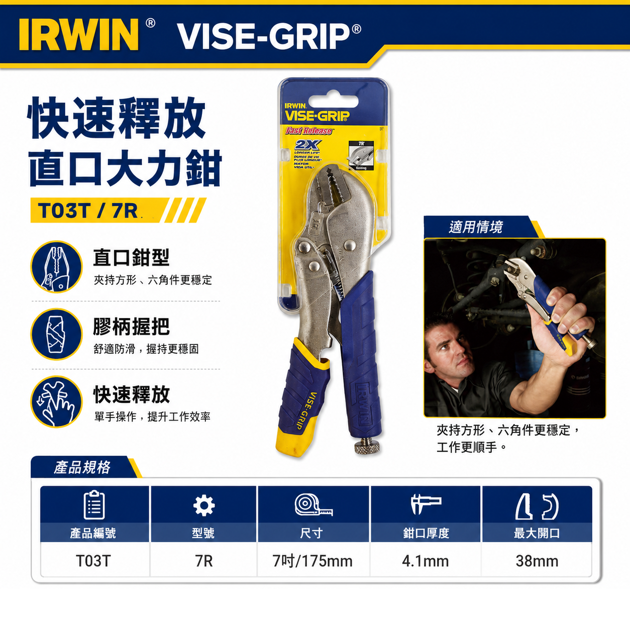 美國 IRWIN 握手牌｜7R｜人體工學握柄膠柄萬能鉗 7" 快速釋放柄固定鉗 強力夾齒直口萬能鉗｜T03T