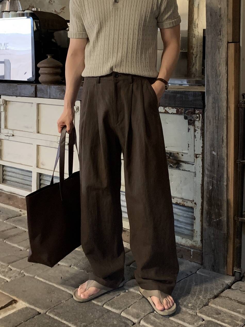 Elastic double-pleated linen wide-leg pants