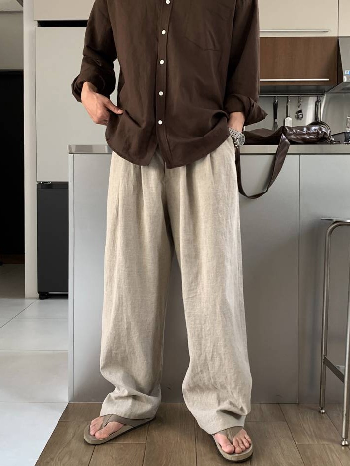 Elastic double-pleated linen wide-leg pants