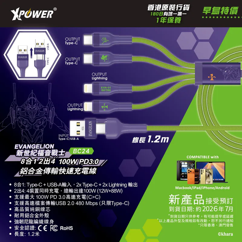 (早買限定優惠)XPower x EVA BC24 8合1 2出4 100W PD3.0鋁合金傳輸高速充電線 (初號機)