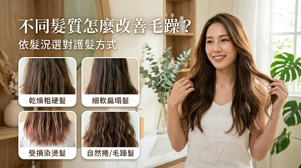 不同髮質怎麼改善毛躁?依髮況選對護髮方式,每種髮質產生毛躁的原因皆不相同,盲目套用單一保養方式容易造成細軟髮扁塌,或讓受損髮持續乾枯。 針對乾燥、自然捲、細軟與粗硬等不同髮況,精準挑選合適的滋潤與防護對策,才是有效撫平毛躁的關鍵。