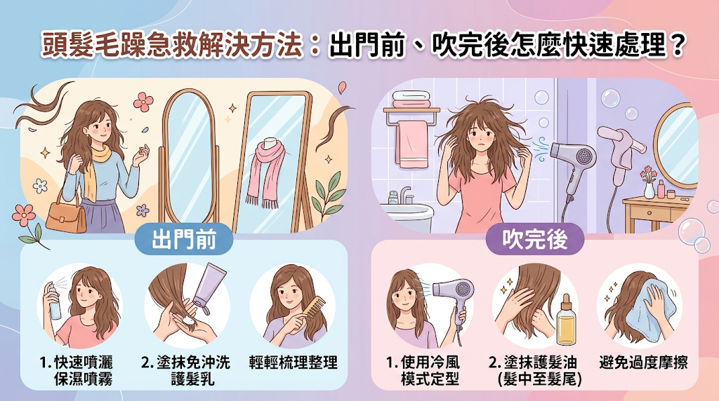 頭髮毛躁急救解決方法:出門前、吹完後怎麼快速處理?面對出門前或突發天氣變化造成的毛躁,掌握「局部補水、輕量油脂封存、順著毛流整理」三大原則是快速撫平的關鍵。 透過適量的免沖洗護髮品進行即時調理,就能迅速收斂張開的毛鱗片,讓秀髮快速恢復柔順與光澤。