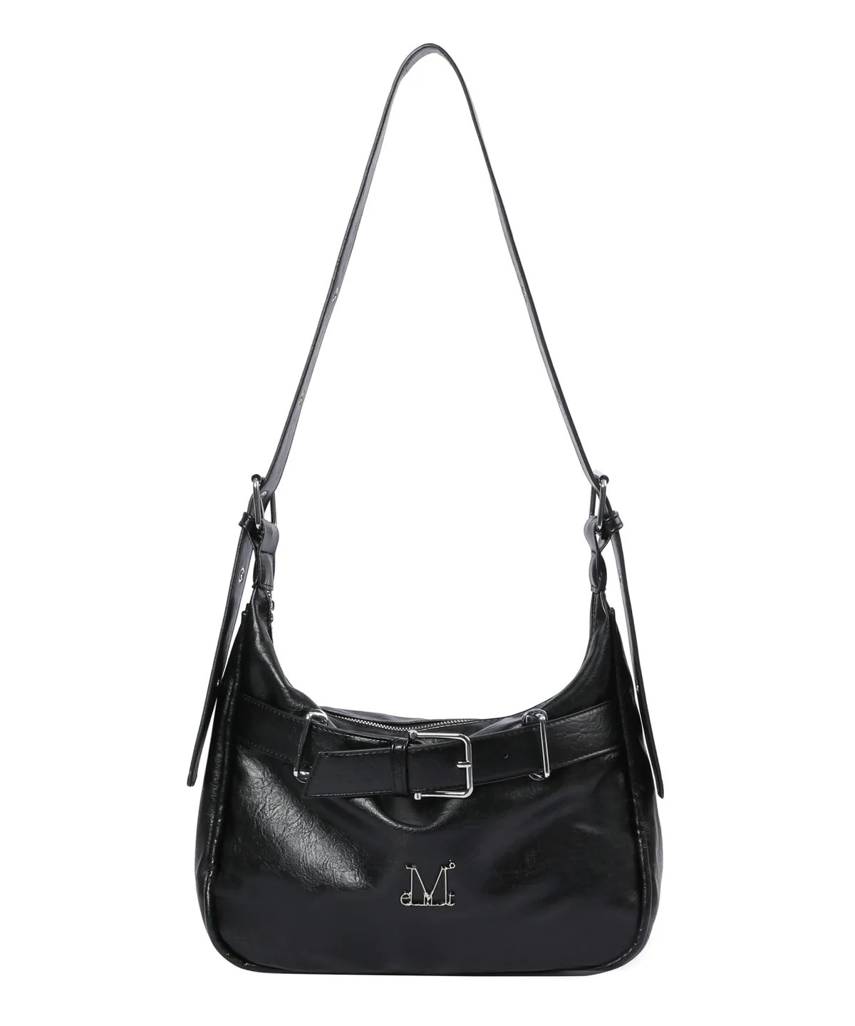 MUCENT MONIC METAL LOGO FRONT BELTED LEATHER SHOULDER BAG UNISEX