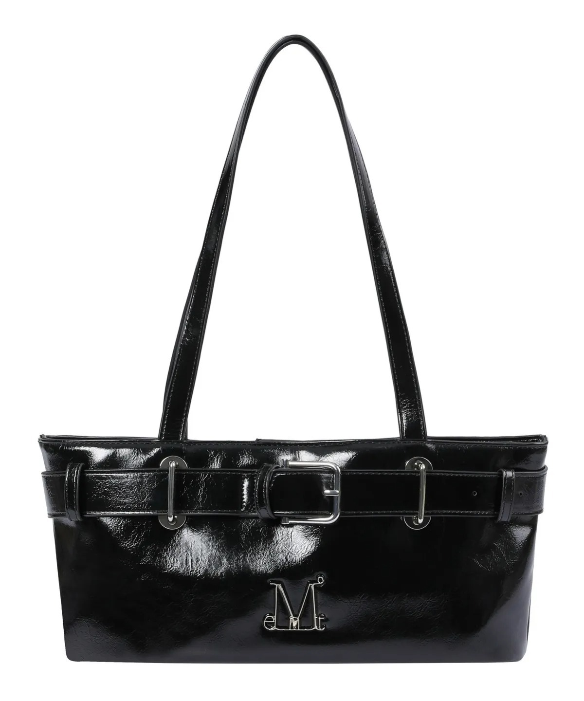MUCENT SENTIC METAL LOGO FRONT BELTED LEATHER SHOULDER BAG UNISEX