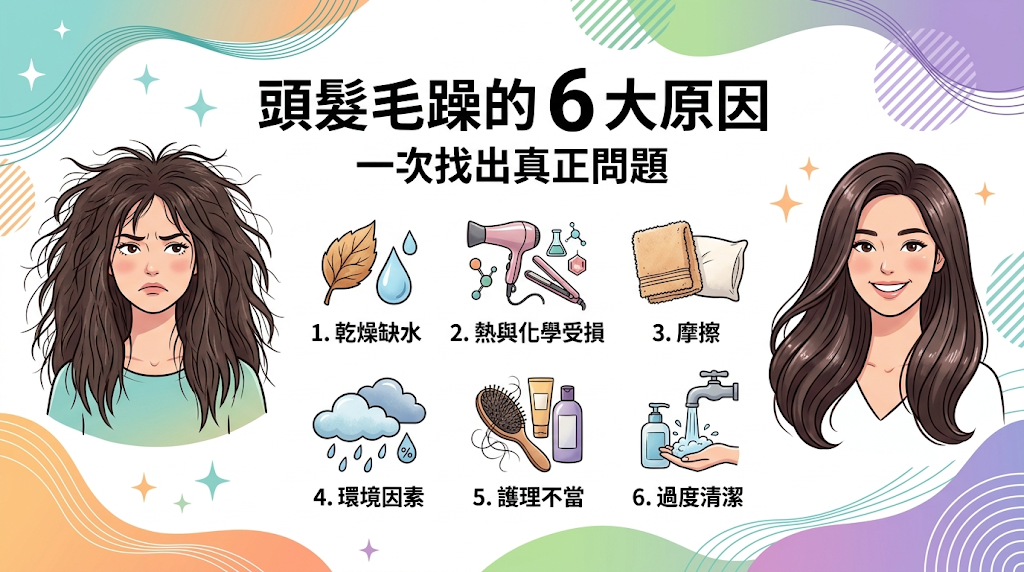 頭髮毛躁的 6 大原因,一次找出真正問題,頭髮毛躁並非單一因素,而是化學染燙、環境影響與日常物理摩擦等多重傷害長期累積的結果。 精準釐清受損來源,才能對症擬定適合的日常護理對策。