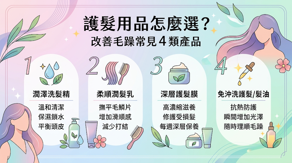 護髮用品怎麼選?改善毛躁常見 4 類產品,挑選護髮產品並非一瓶適用到底,必須依據自身的「毛躁成因、受損程度與生活習慣」進行精準搭配。 建議建立包含溫和清潔、沖洗式滋養與免沖洗防護的完整日常保養步驟,才能給予髮絲最適切的柔順調理。