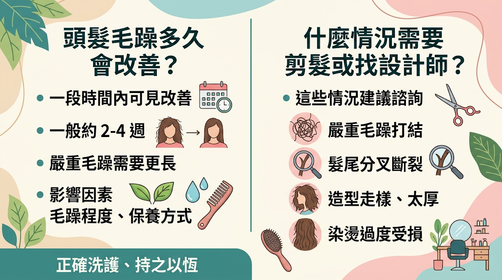 頭髮毛躁多久會改善?什麼情況需要剪髮或找設計師?頭髮毛躁的改善時間取決於髮絲受損程度與日常保養的規律性;輕度乾燥通常在調整洗護習慣後短期內即可感受差異,但若髮絲已出現嚴重的分岔與斷裂,便無法單靠保養品恢復,必須交由專業設計師進行修剪