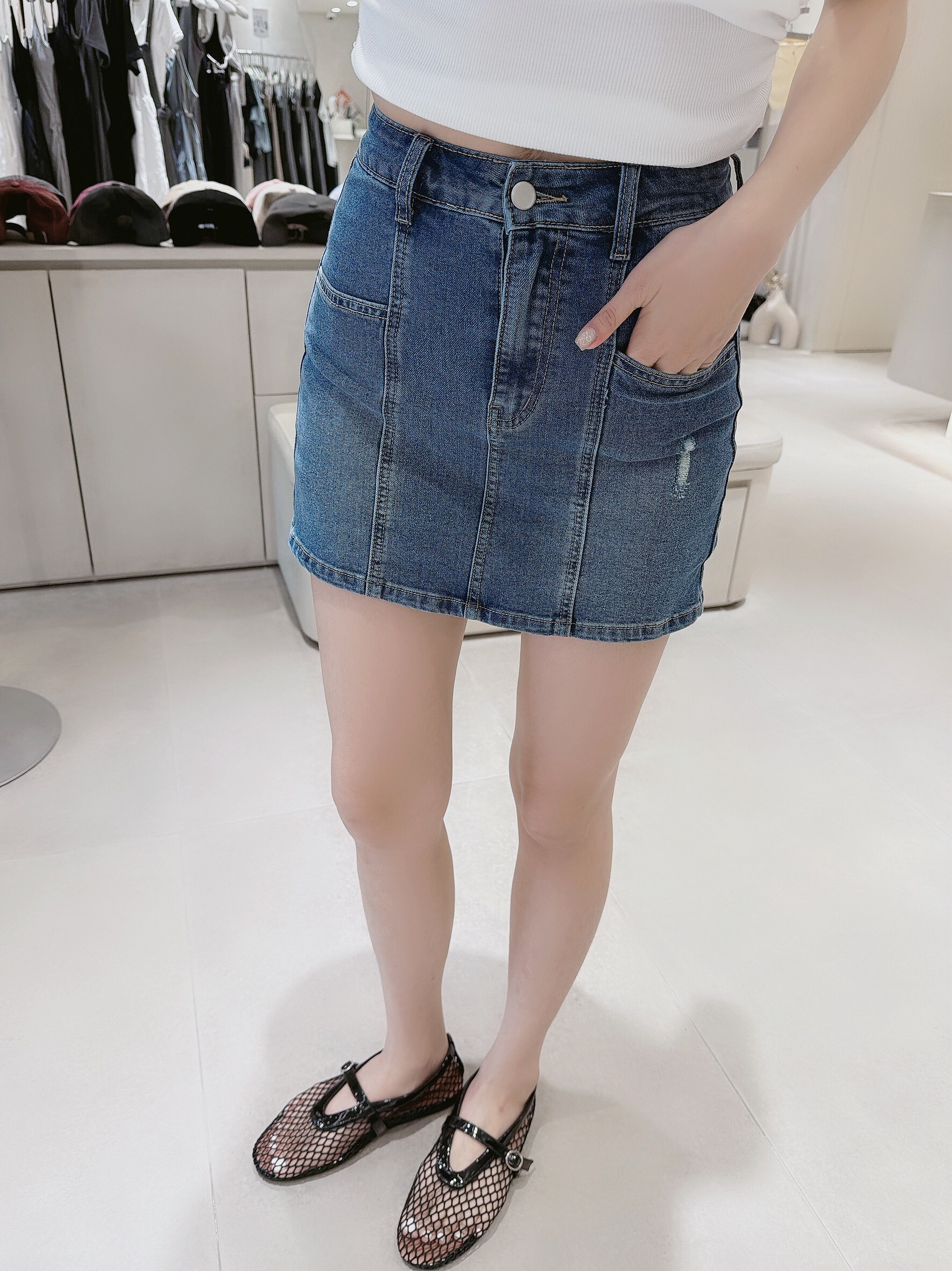 小抓破平口袋牛仔褲裙 366深藍 367黑灰