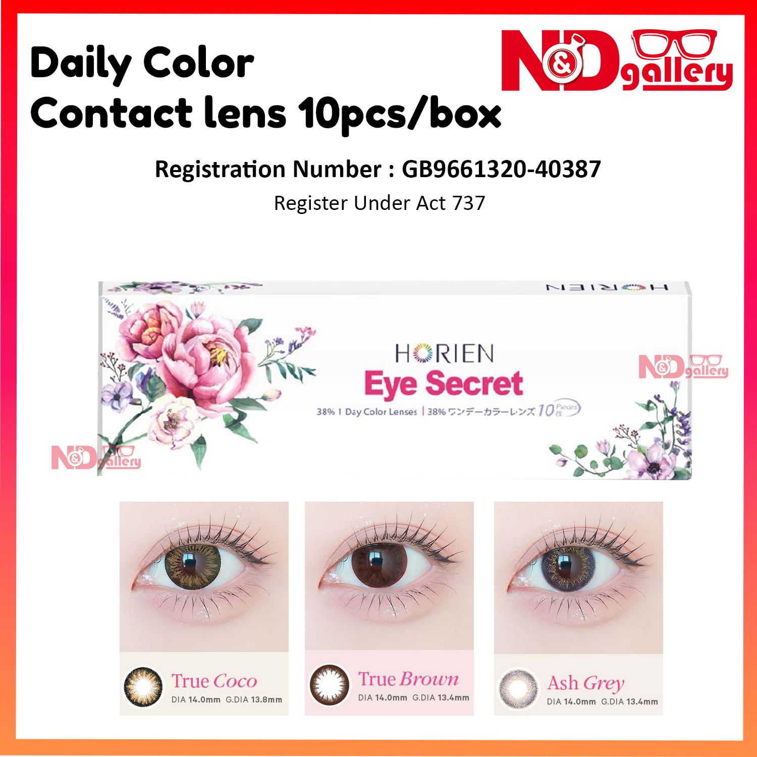 Horien Eye Secret Daily Color Contact lens 38% 10pcs/Box ( True coco/True Brown/Ash Grey)