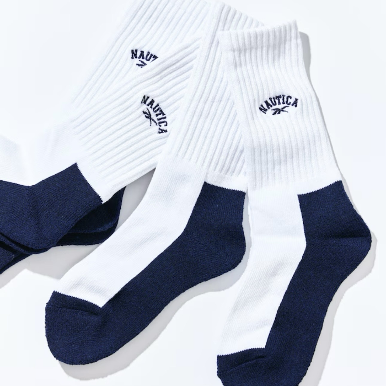 NAUTICA x REEBOK 白長襪 襪子 羅紋 直條紋 三雙一組