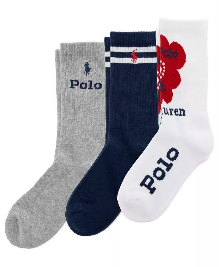 [USW] POLO RALPH LAUREN GRAY/WHITE/NAVY WOMEN'S CREW SOCKS, 3-PACK, UZZ381 (UZZ381)