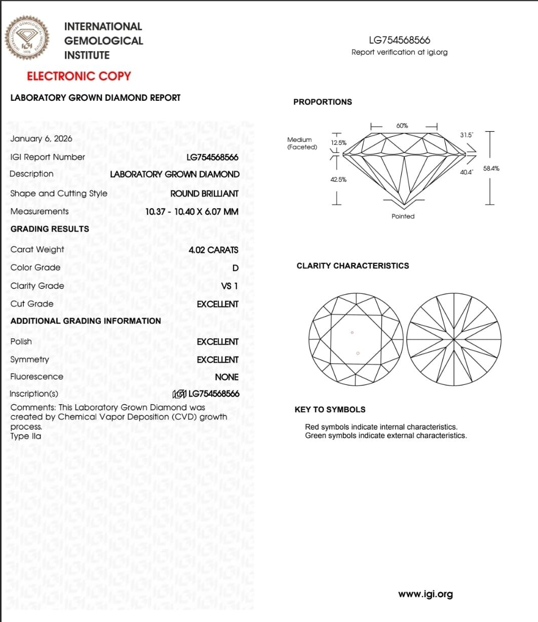 IGI LAB GROWN DIAMOND 4.02 D VS1 IDEAL 2EX NON