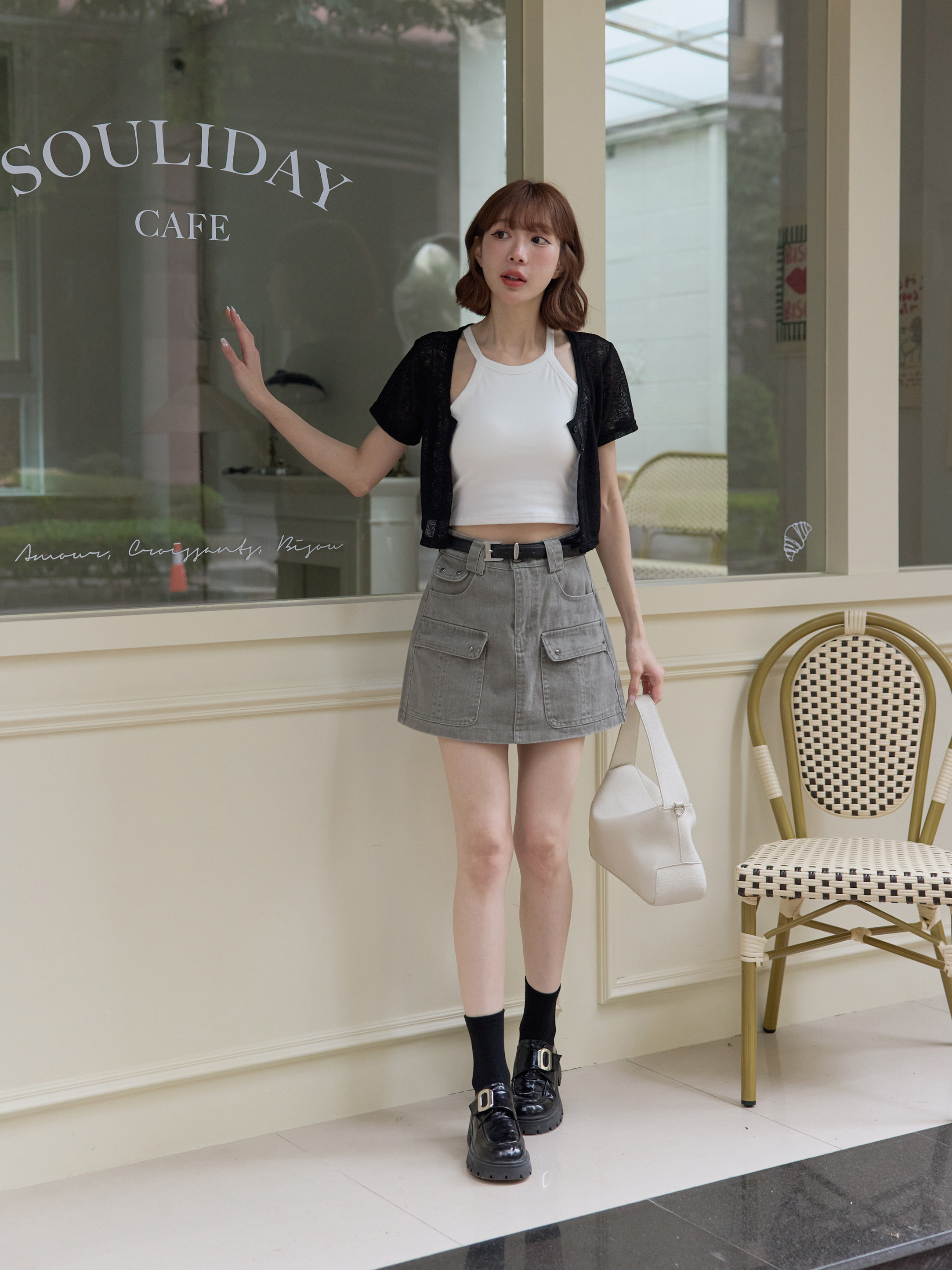 Vintage-Wash Denim Skort with Belt
