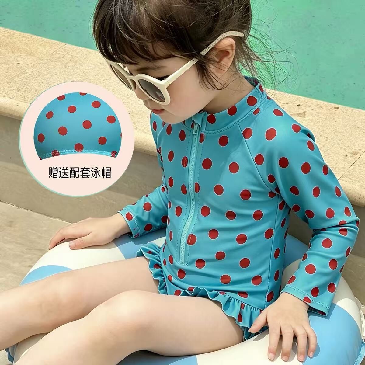 【H0945】可愛普普風圓點/紅格櫻桃長袖泳衣(90-140)