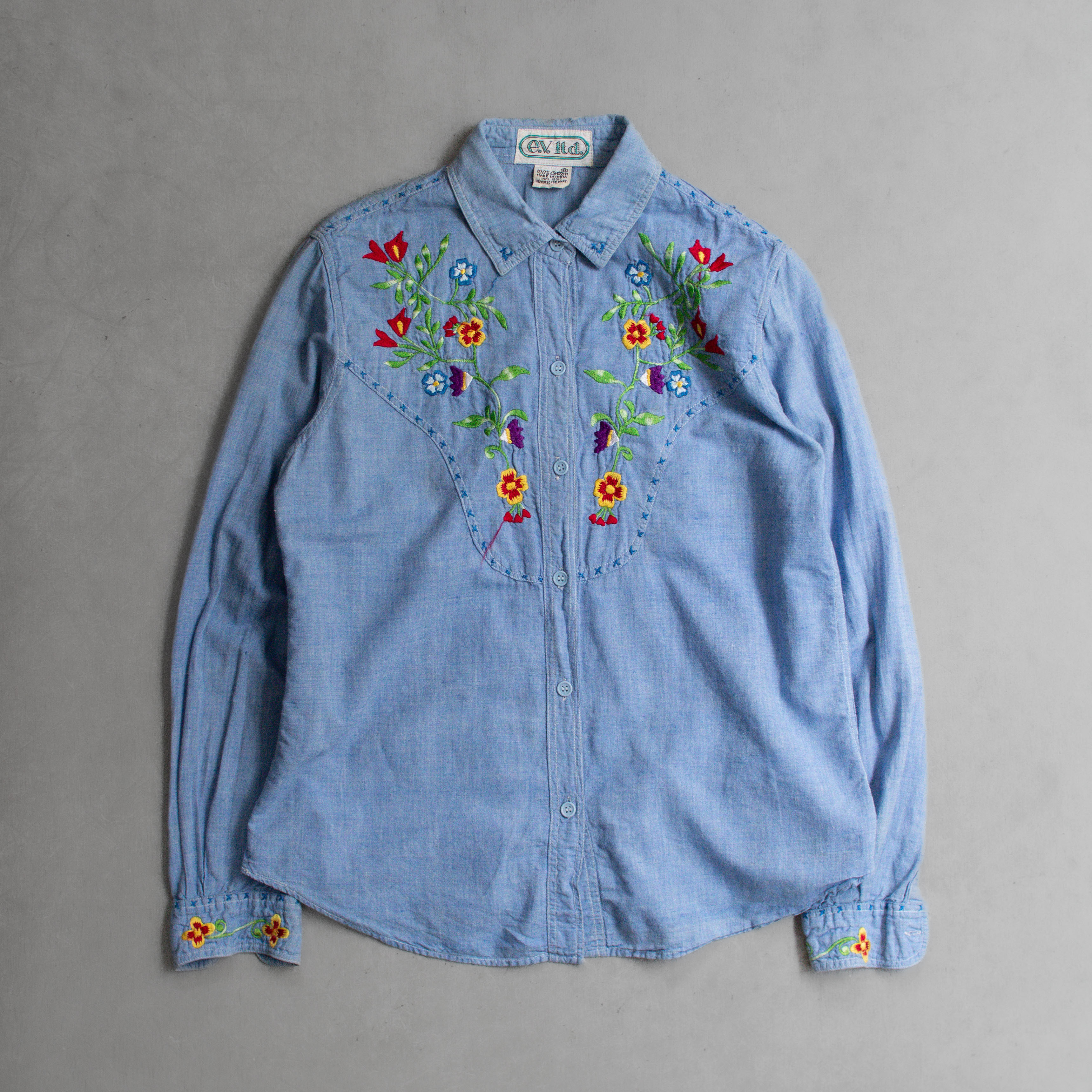 VINTAGE EMBROIDERY CHAMBRAY SHIRT 美國 純棉 刺繡 青年布 長袖 襯衫