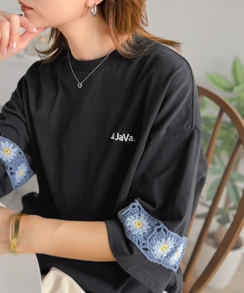 日本🇯🇵連線 JAVA 鉤針編織袖口撞色短袖T恤 男女可穿 寬鬆 編織 拼接 落肩 短袖 T恤 3色(任買兩件711免運)/預購