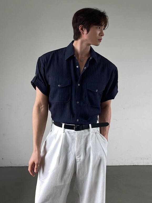 Sheer Wrinkle Roll-up Short Sleeve Shirt
