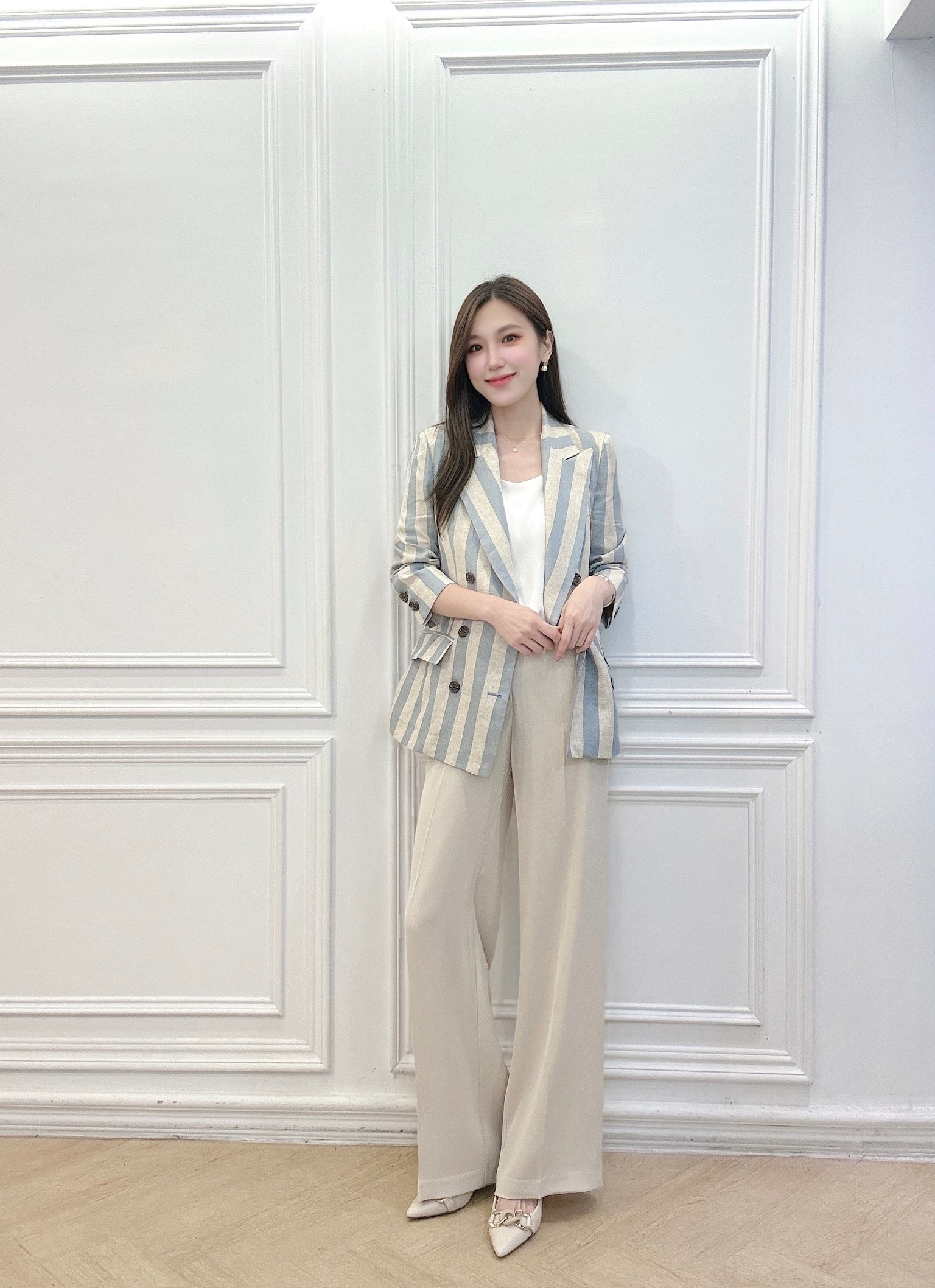 棉麻條紋西裝外套