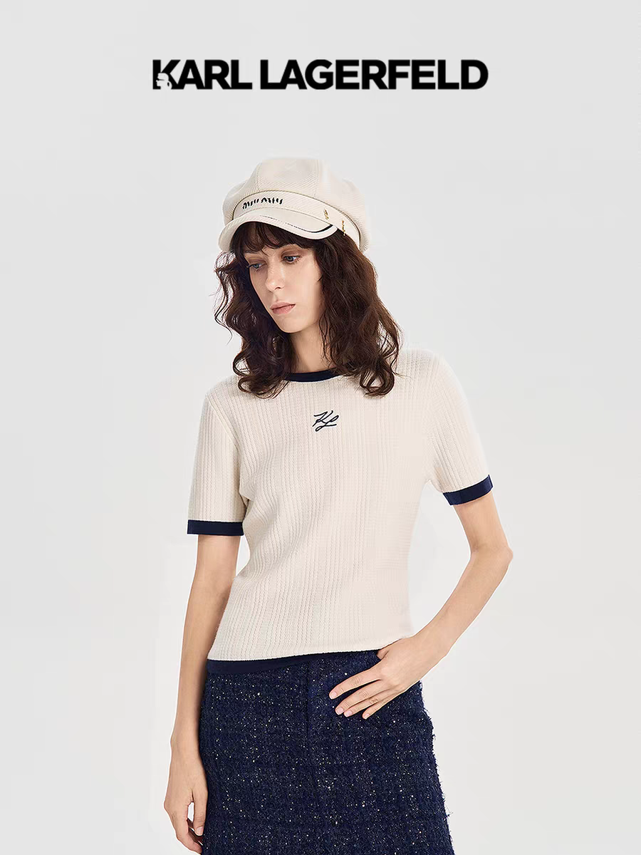KARL 老佛爺 米白色 刺繡logo 女款 彈性上衣 #6-11