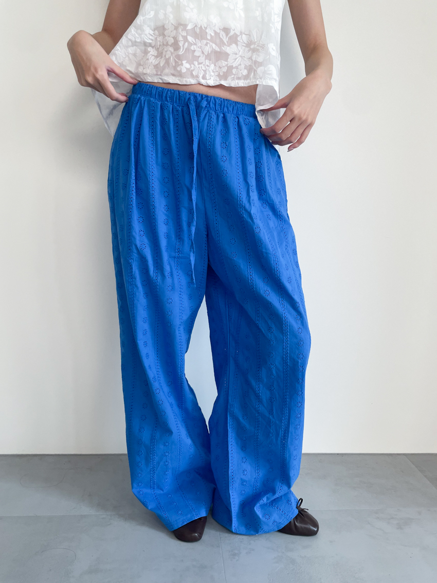 embroidered burnout resort trousers with elastic waist in COBALT