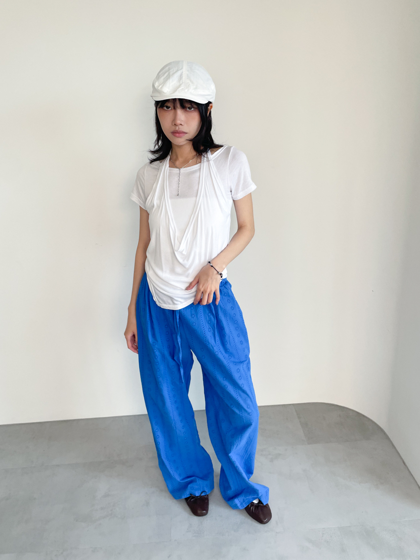 embroidered burnout resort trousers with elastic waist in COBALT