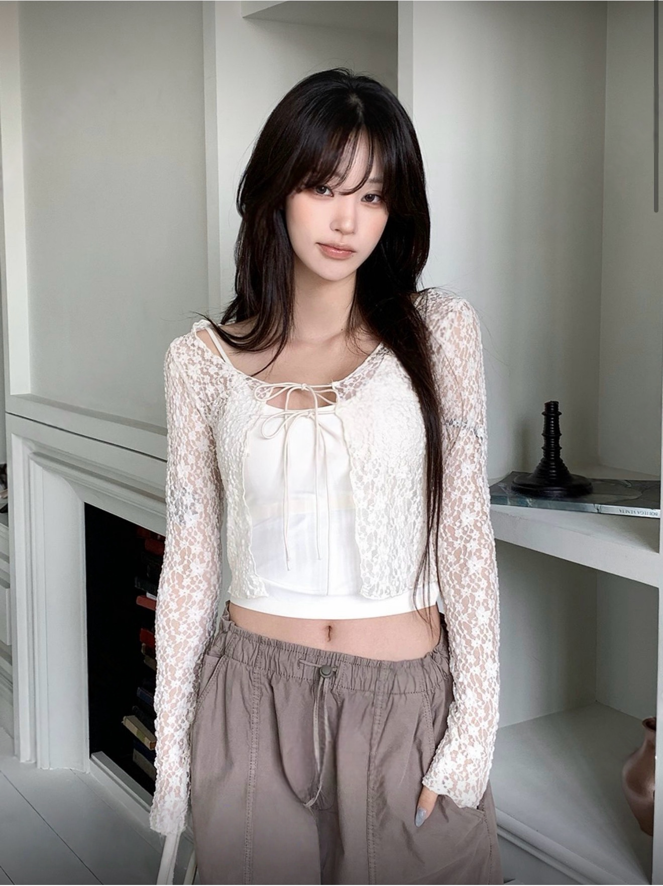 （6月韓國連線）JK0438｜約會感蕾絲花花雙綁帶薄薄長袖外套࣪ ִֶָ☾.