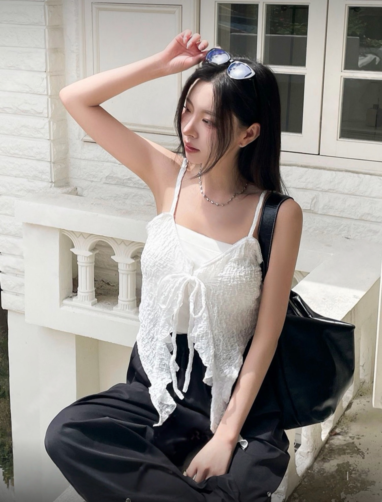 （6月韓國連線）V0250｜蝴蝶形皺皺樹壓紋綁帶吊帶外搭⋆.˚🦋༘⋆