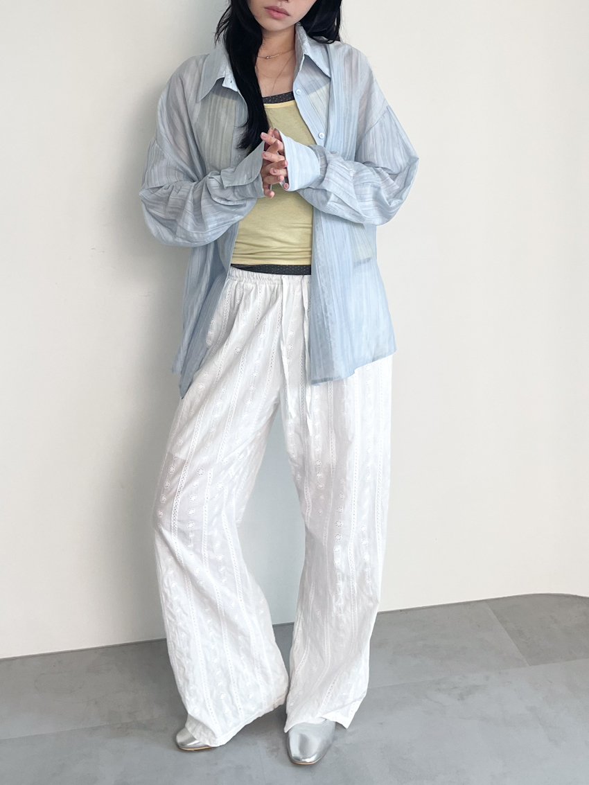 embroidered burnout resort trousers with elastic waist in WHITE