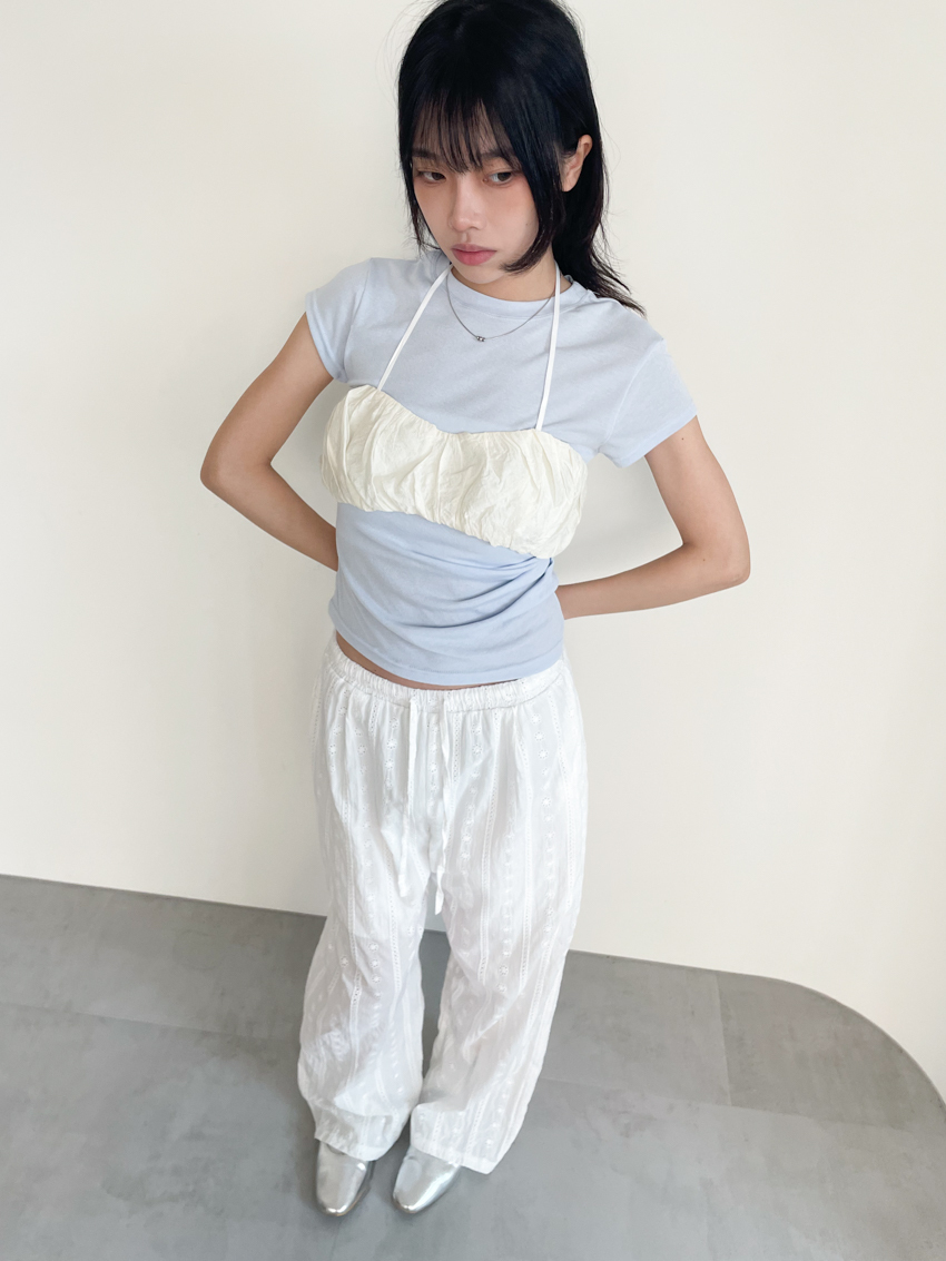 embroidered burnout resort trousers with elastic waist in WHITE