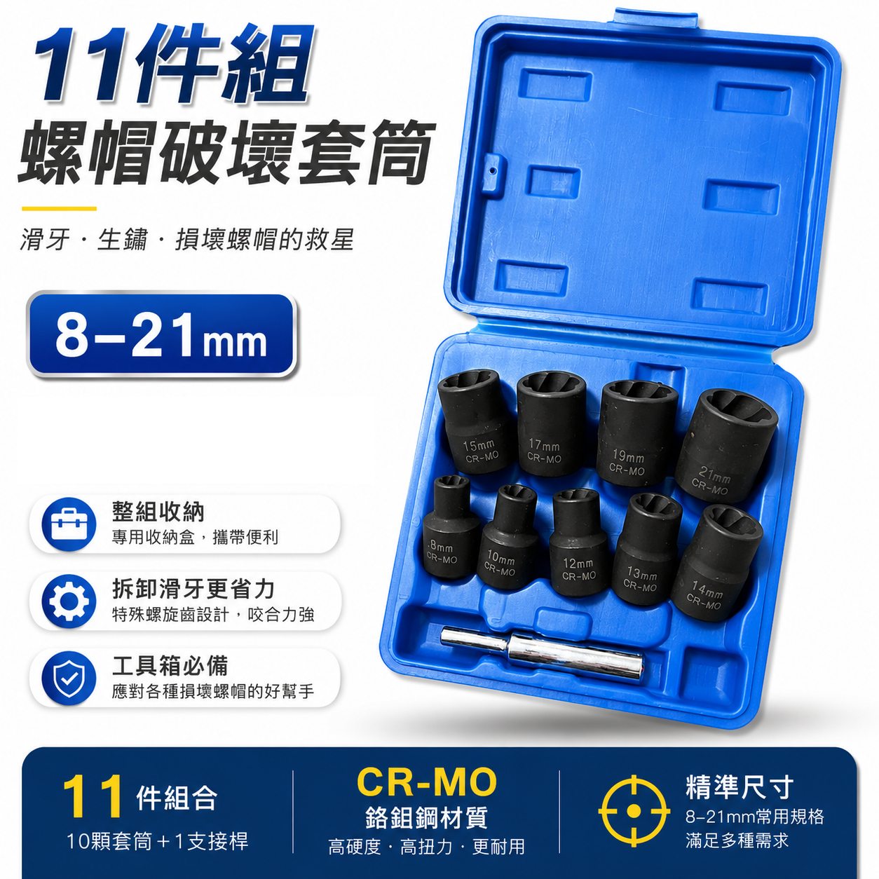 台灣製｜藍盒8-21mm｜1/2" 四分11件組螺帽破壞器 4分螺絲退套筒 螺旋式破壞套筒 滑牙套筒