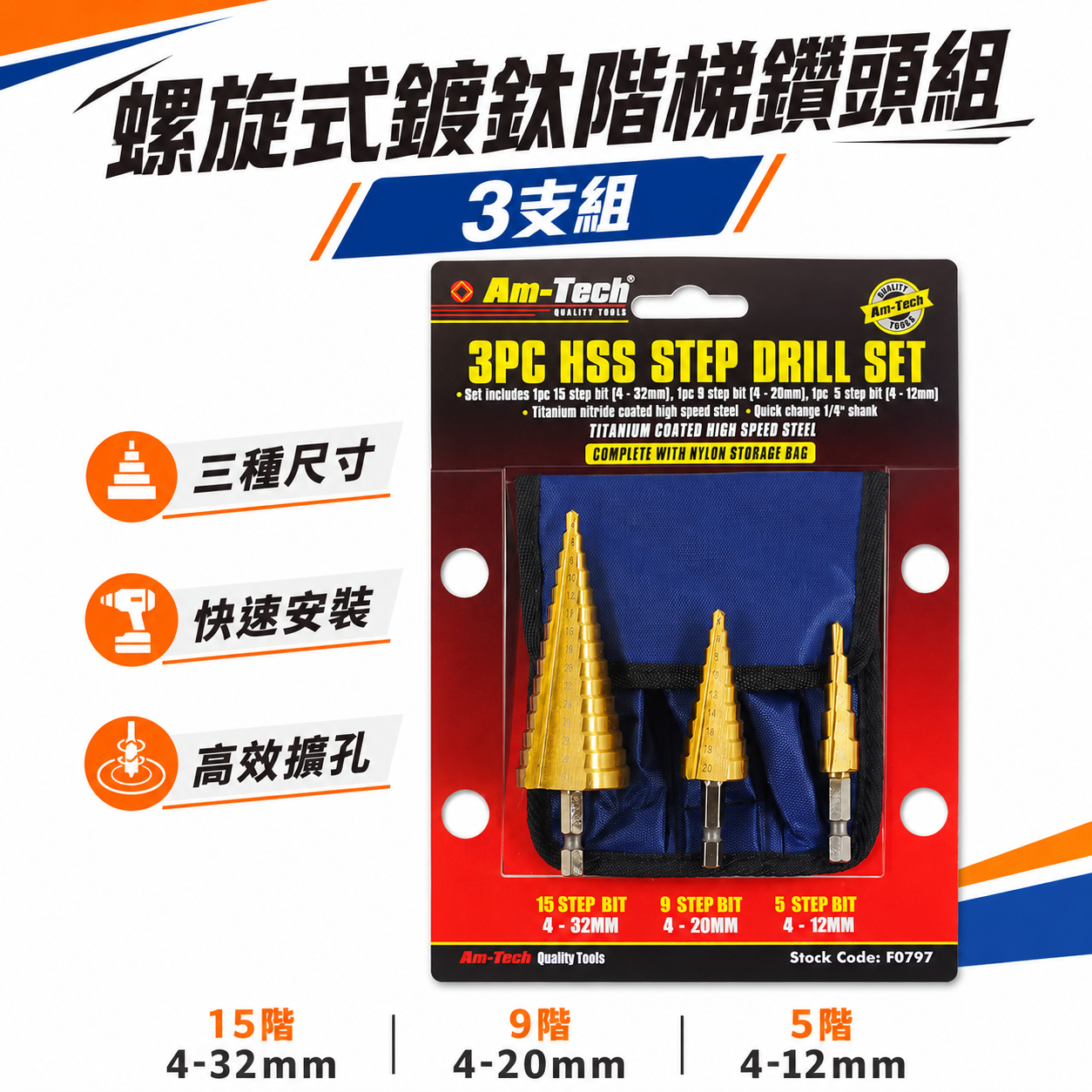 袋裝3支組｜HSS 直式6.35mm六角柄階梯鑽頭 鑽尾 開孔器｜4-12mm 4-20mm 4-32mm