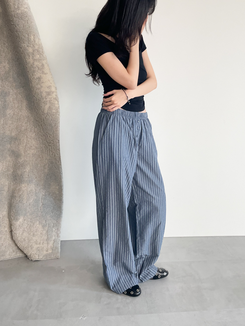 button stripe cooling pants with elastic waist DARK