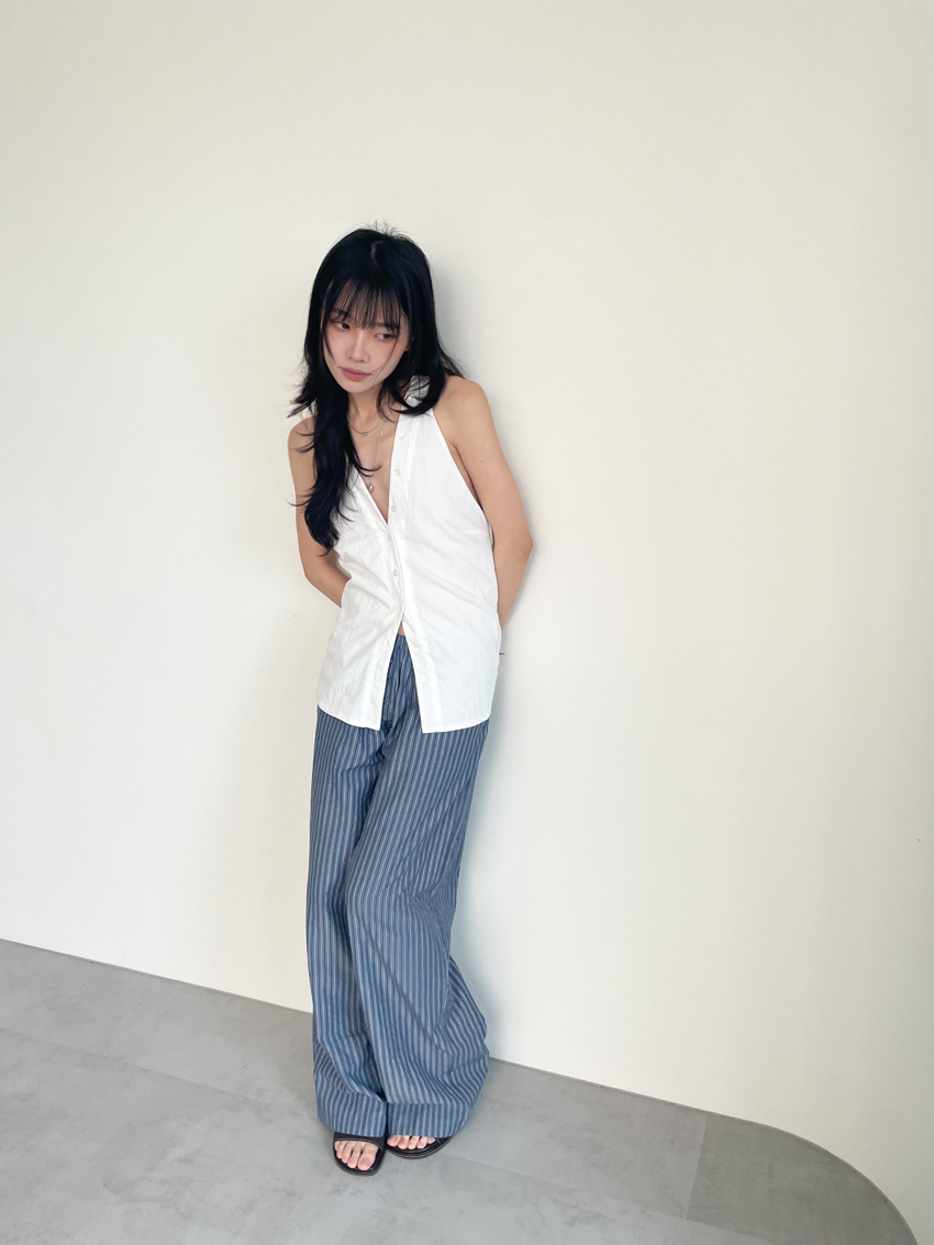 button stripe cooling pants with elastic waist DARK