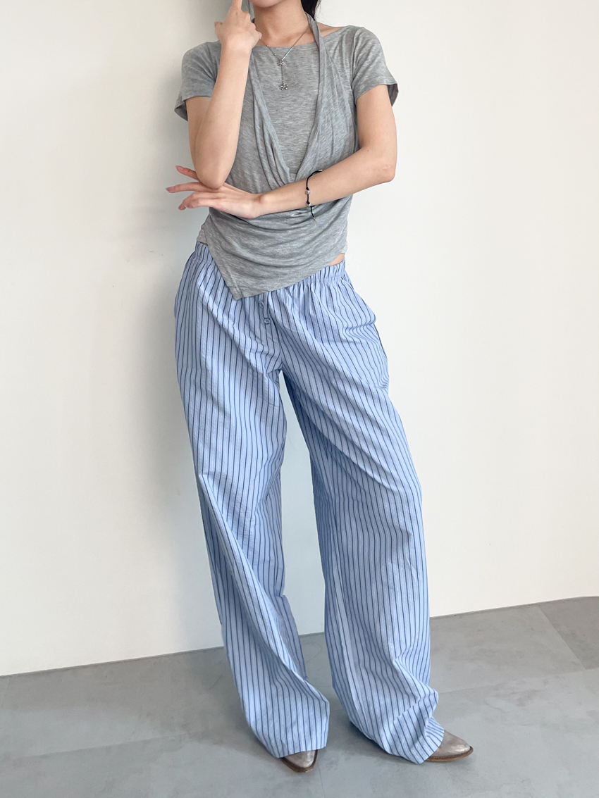 button stripe cooling pants with elastic waist LIGHT