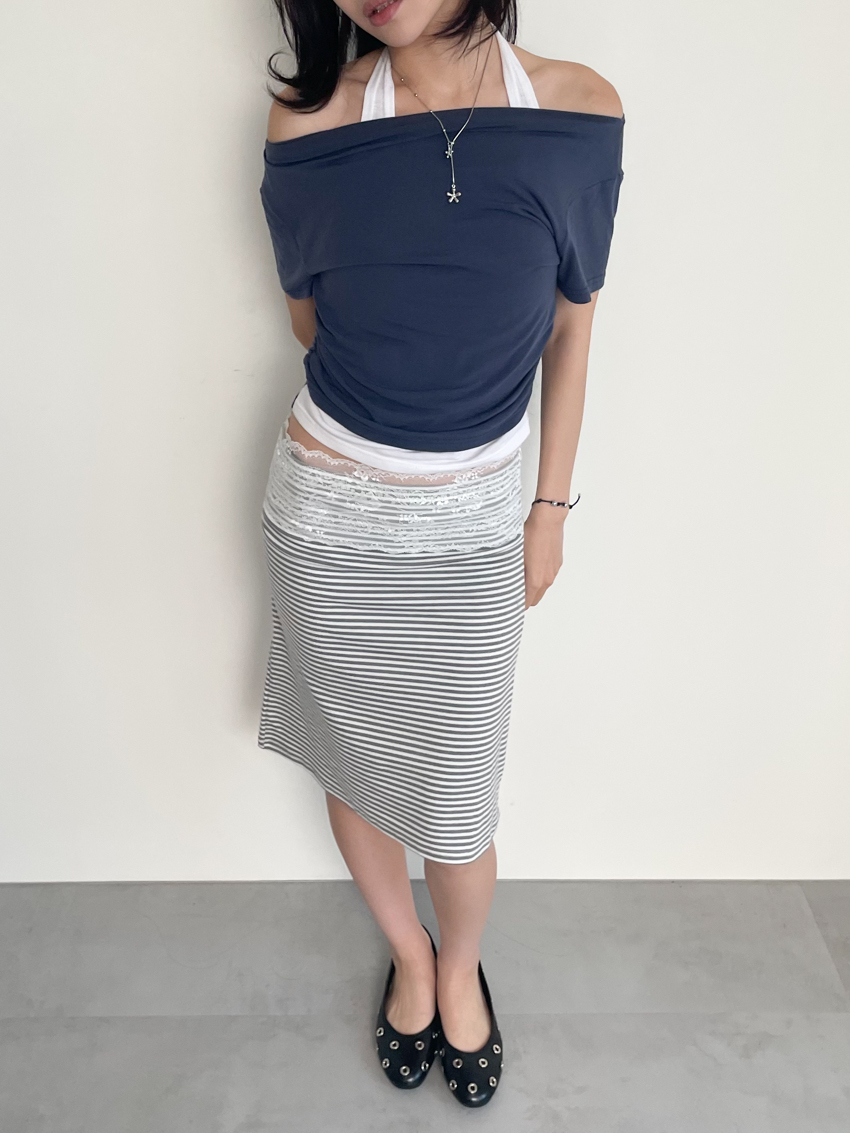 lace waistband stretch cotton midi skirt in STRIPE/BLACK