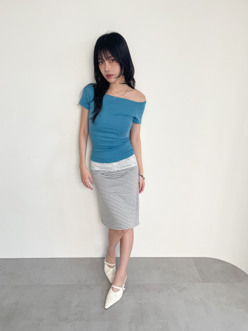 lace waistband stretch cotton midi skirt in STRIPE/BLACK