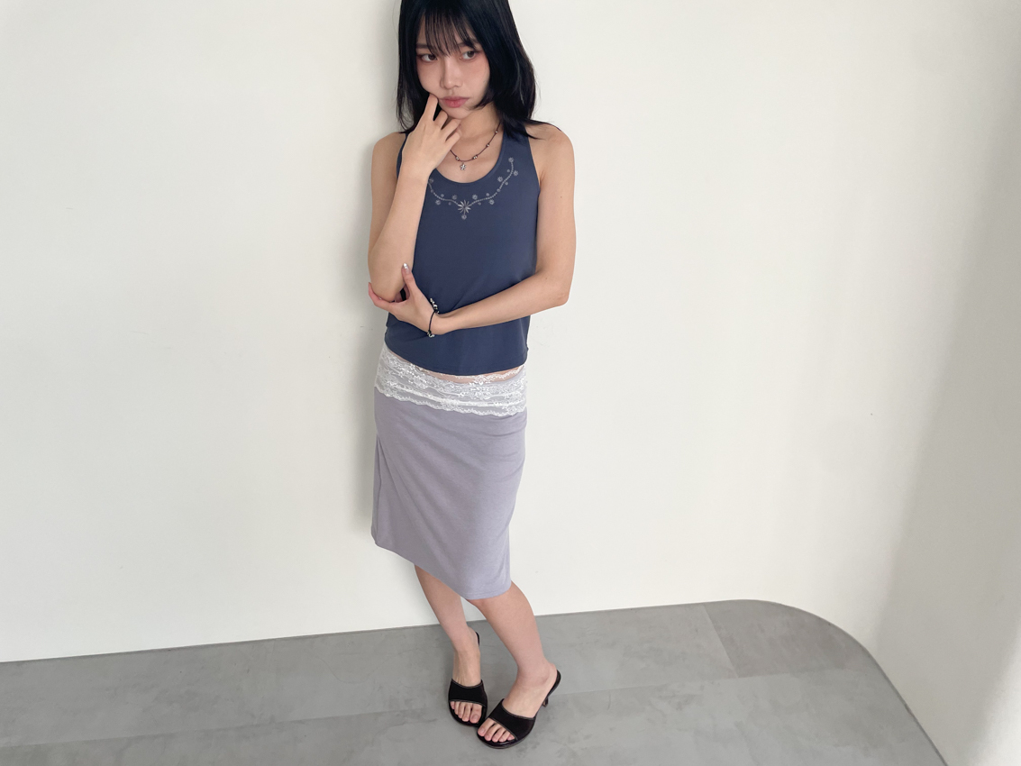 lace waistband stretch cotton midi skirt in PURPLE